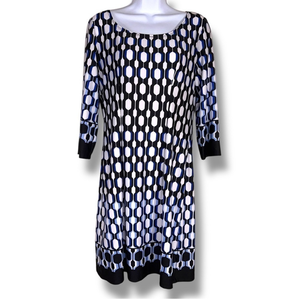 Small AB Studio Blue White Black Dot Print Dress Stretch Event Party Long Sleeve